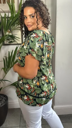 CurveWow Lace Insert Tassel Tie Top Black Tropical