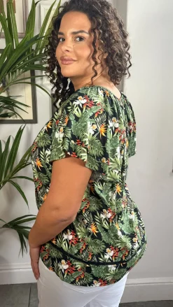 CurveWow Lace Insert Tassel Tie Top Black Tropical