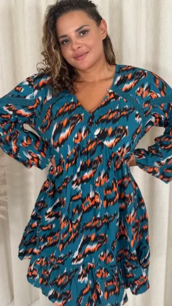 CurveWow Lace Insert V Neck Smock Dress Leopard Print