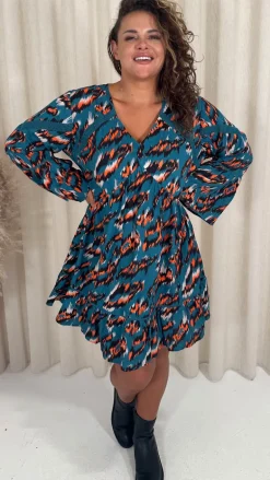 CurveWow Lace Insert V Neck Smock Dress Leopard Print