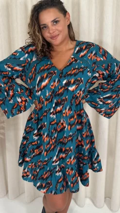 CurveWow Lace Insert V Neck Smock Dress Leopard Print