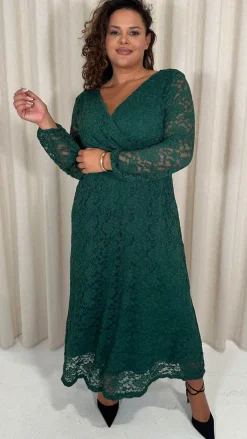 CurveWow Lace Plunge Maxi Dress Forest Green