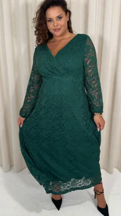 CurveWow Lace Plunge Maxi Dress Forest Green