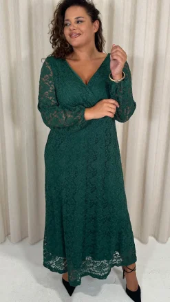 CurveWow Lace Plunge Maxi Dress Forest Green