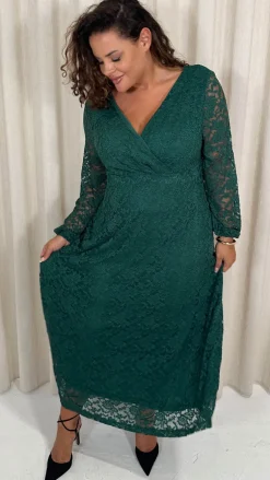 CurveWow Lace Plunge Maxi Dress Forest Green