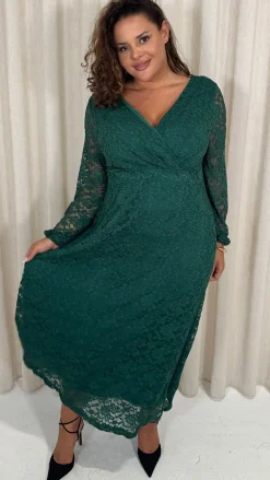 CurveWow Lace Plunge Maxi Dress Forest Green