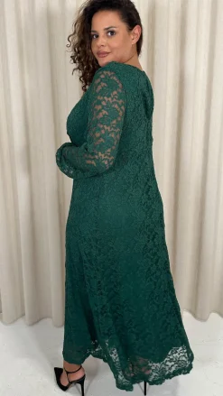 CurveWow Lace Plunge Maxi Dress Forest Green