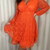 CurveWow Lace Plunge Ruffle Skater Dress Orange