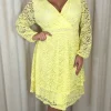 CurveWow Lace Plunge Ruffle Skater Dress Lemon