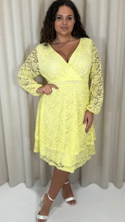 CurveWow Lace Plunge Ruffle Skater Dress Lemon