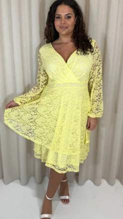 CurveWow Lace Plunge Ruffle Skater Dress Lemon