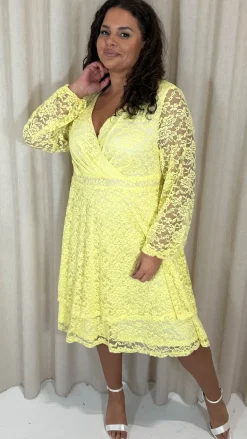 CurveWow Lace Plunge Ruffle Skater Dress Lemon