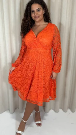 CurveWow Lace Plunge Ruffle Skater Dress Orange