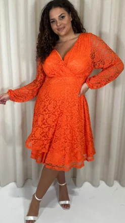 CurveWow Lace Plunge Ruffle Skater Dress Orange