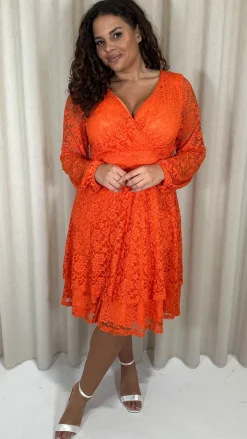 CurveWow Lace Plunge Ruffle Skater Dress Orange