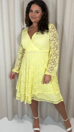 CurveWow Lace Plunge Ruffle Skater Dress Lemon