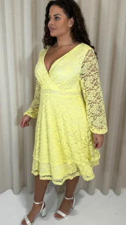 CurveWow Lace Plunge Ruffle Skater Dress Lemon