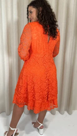 CurveWow Lace Plunge Ruffle Skater Dress Orange