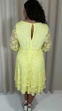 CurveWow Lace Plunge Ruffle Skater Dress Lemon