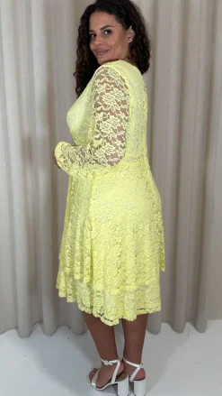 CurveWow Lace Plunge Ruffle Skater Dress Lemon