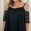 CurveWow Lace Strappy Cold Shoulder Top Black