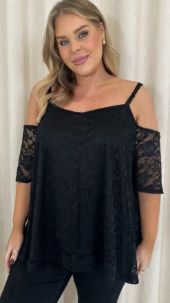 CurveWow Lace Strappy Cold Shoulder Top Black