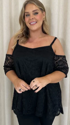 CurveWow Lace Strappy Cold Shoulder Top Black