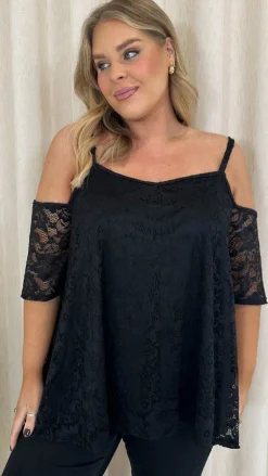 CurveWow Lace Strappy Cold Shoulder Top Black