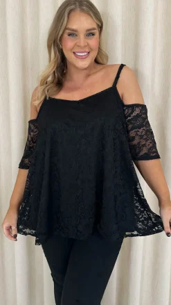 CurveWow Lace Strappy Cold Shoulder Top Black