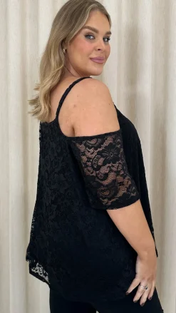 CurveWow Lace Strappy Cold Shoulder Top Black