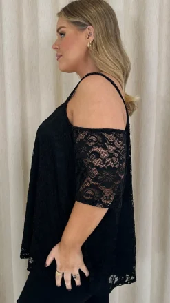 CurveWow Lace Strappy Cold Shoulder Top Black