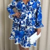 CurveWow Lace Trim Wrap Tiered Dress Blue/White Floral