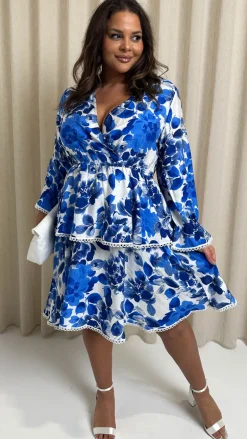 CurveWow Lace Trim Wrap Tiered Dress Blue/White Floral