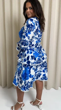 CurveWow Lace Trim Wrap Tiered Dress Blue/White Floral