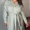 CurveWow Linen Belted Oversized Shirt Dress Green/White Stripe