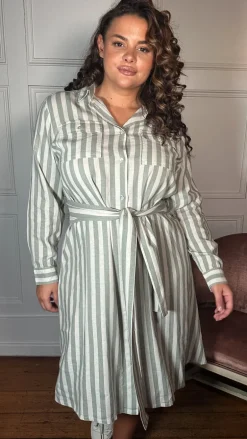 CurveWow Linen Belted Oversized Shirt Dress Green/White Stripe