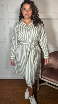 CurveWow Linen Belted Oversized Shirt Dress Green/White Stripe