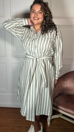CurveWow Linen Belted Oversized Shirt Dress Green/White Stripe