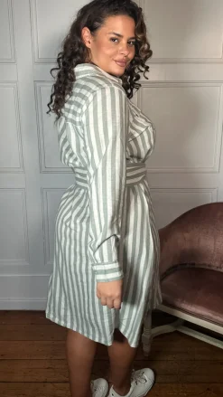 CurveWow Linen Belted Oversized Shirt Dress Green/White Stripe