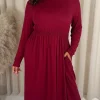 CurveWow Long Sleeve Jersey Pocket Midi Dress Wine