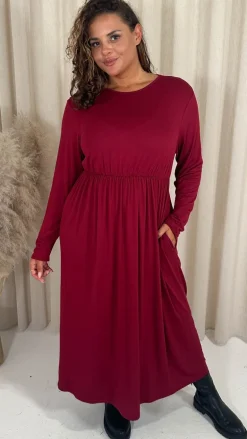 CurveWow Long Sleeve Jersey Pocket Midi Dress Wine