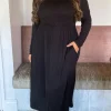 CurveWow Long Sleeve Jersey Pocket Midi Dress Black