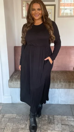 CurveWow Long Sleeve Jersey Pocket Midi Dress Black