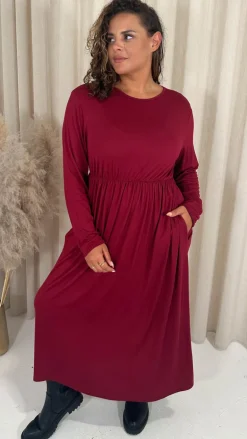 CurveWow Long Sleeve Jersey Pocket Midi Dress Wine