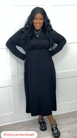 CurveWow Long Sleeve Jersey Pocket Midi Dress Black