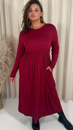 CurveWow Long Sleeve Jersey Pocket Midi Dress Wine