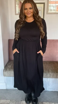 CurveWow Long Sleeve Jersey Pocket Midi Dress Black