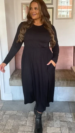 CurveWow Long Sleeve Jersey Pocket Midi Dress Black