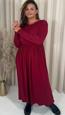CurveWow Long Sleeve Jersey Pocket Midi Dress Wine