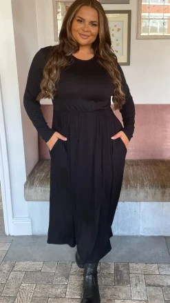 CurveWow Long Sleeve Jersey Pocket Midi Dress Black